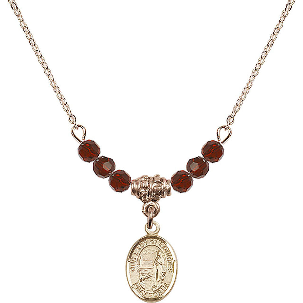 14kt Gold Filled Our Lady of Lourdes Birthstone Necklace with Garnet Beads - 9288