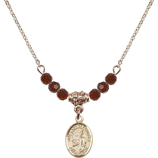 14kt Gold Filled Our Lady of Lourdes Birthstone Necklace with Garnet Beads - 9288
