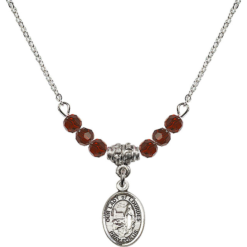 Sterling Silver Our Lady of Lourdes Birthstone Necklace with Garnet Beads - 9288
