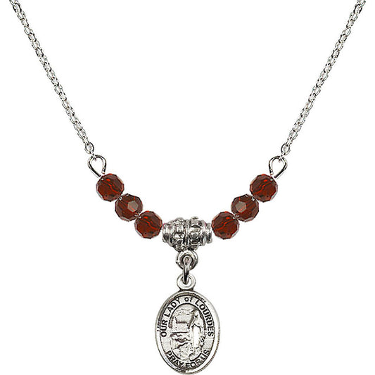 Sterling Silver Our Lady of Lourdes Birthstone Necklace with Garnet Beads - 9288