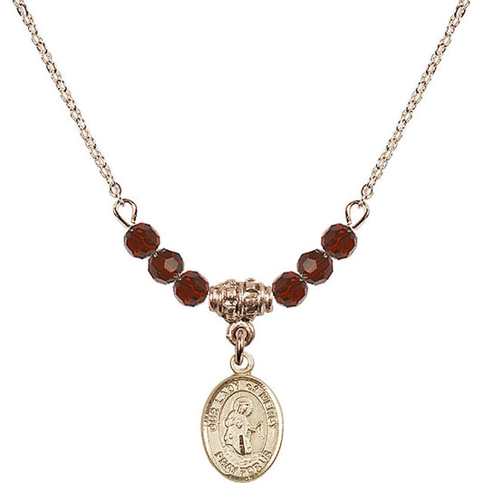 14kt Gold Filled Our Lady of Mercy Birthstone Necklace with Garnet Beads - 9289
