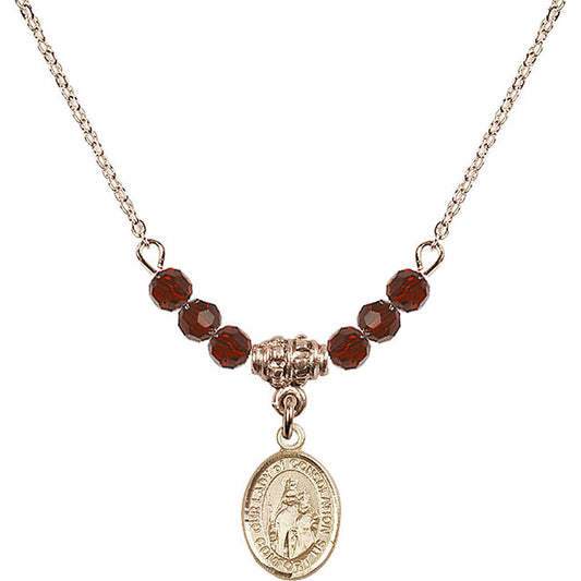14kt Gold Filled Our Lady of Consolation Birthstone Necklace with Garnet Beads - 9292