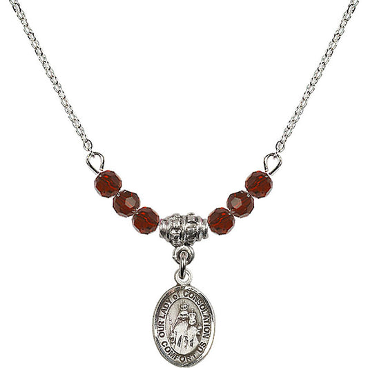 Sterling Silver Our Lady of Consolation Birthstone Necklace with Garnet Beads - 9292