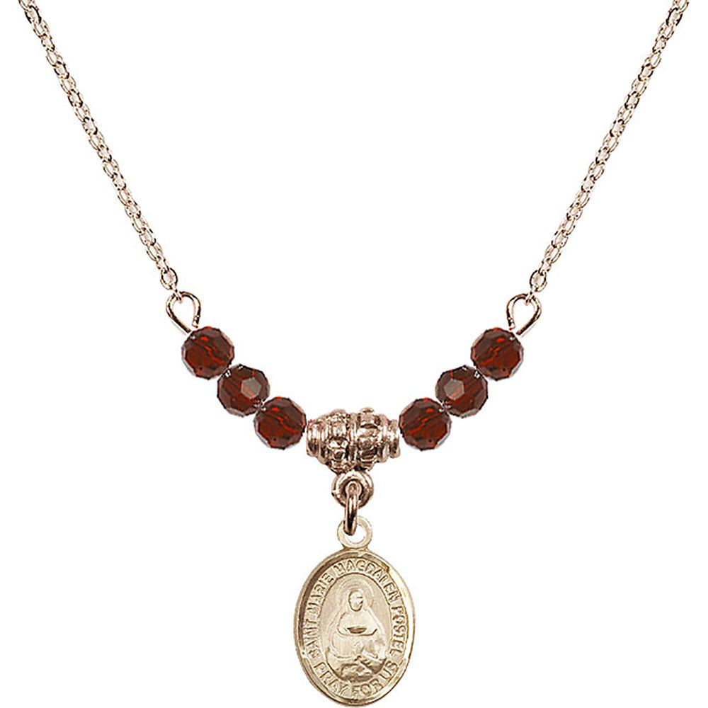 14kt Gold Filled Saint Marie Magdalen Postel Birthstone Necklace with Garnet Beads - 9294