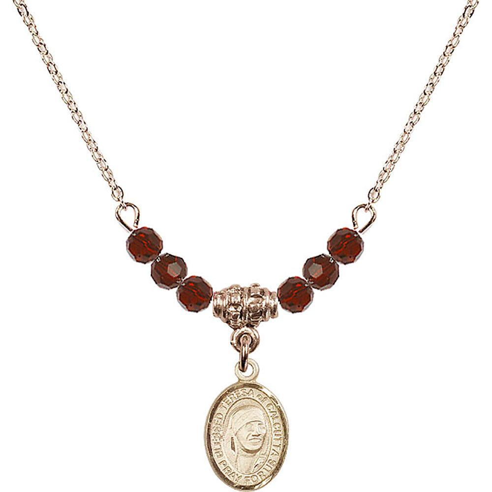 14kt Gold Filled Saint Teresa of Calcutta Birthstone Necklace with Garnet Beads - 9295