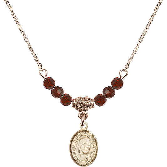14kt Gold Filled Saint Teresa of Calcutta Birthstone Necklace with Garnet Beads - 9295
