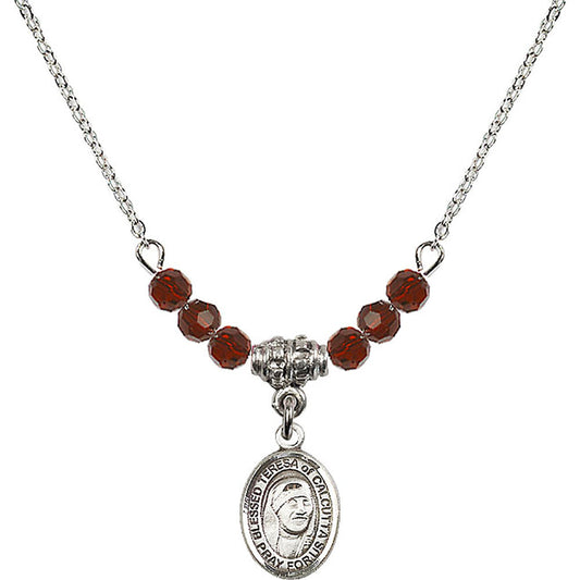 Sterling Silver Saint Teresa of Calcutta Birthstone Necklace with Garnet Beads - 9295