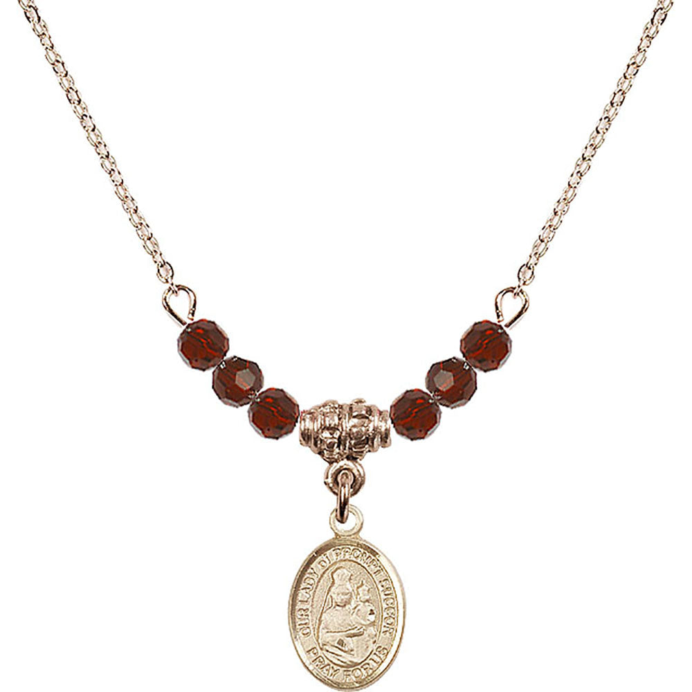 14kt Gold Filled Our Lady of Prompt Succor Birthstone Necklace with Garnet Beads - 9299