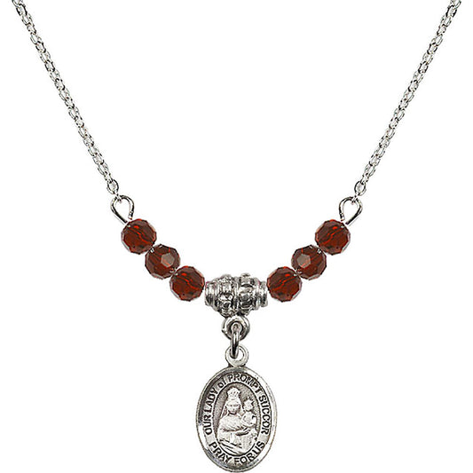 Sterling Silver Our Lady of Prompt Succor Birthstone Necklace with Garnet Beads - 9299