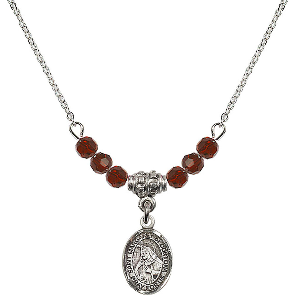 Sterling Silver Saint Margaret of Cortona Birthstone Necklace with Garnet Beads - 9301