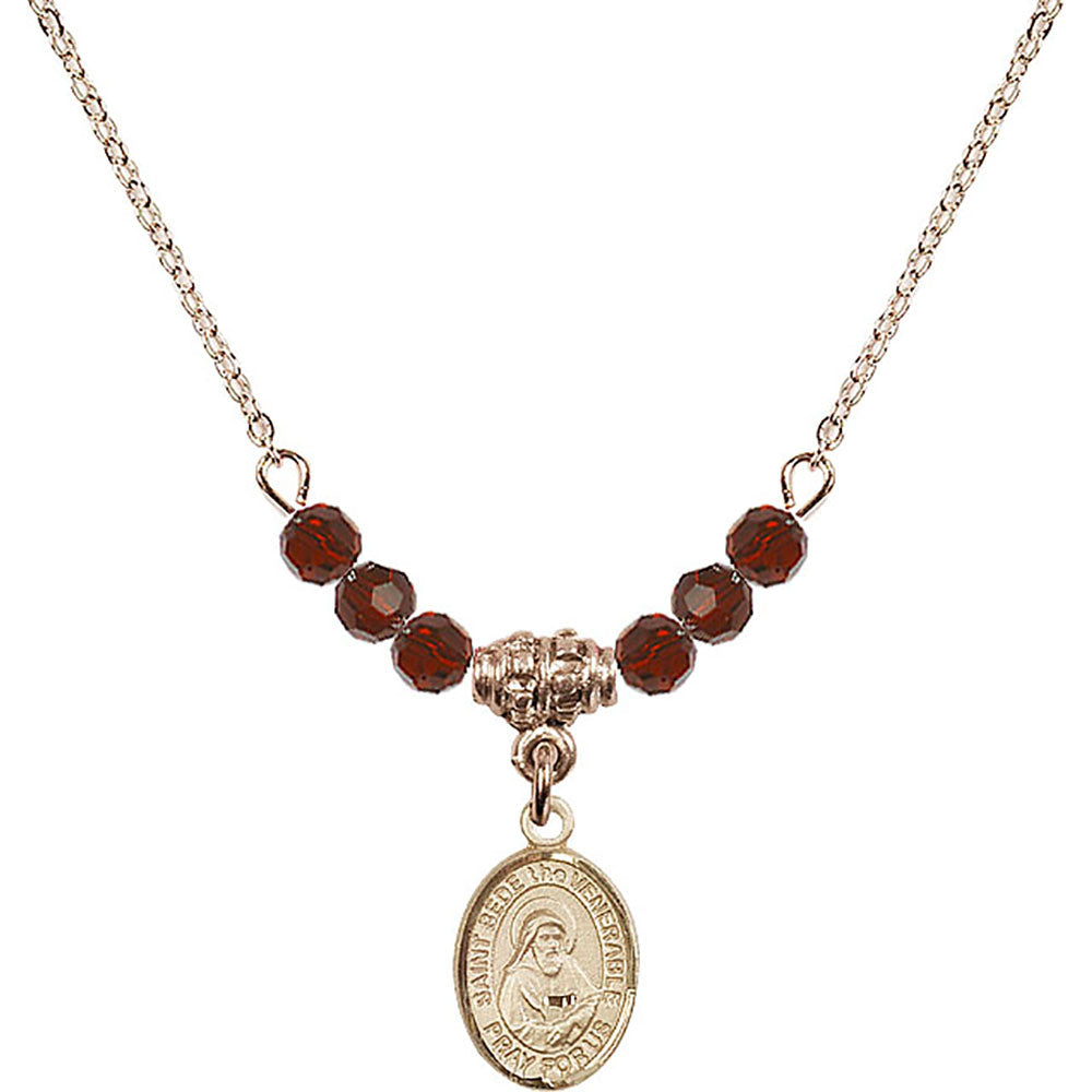 14kt Gold Filled Saint Bede the Venerable Birthstone Necklace with Garnet Beads - 9302