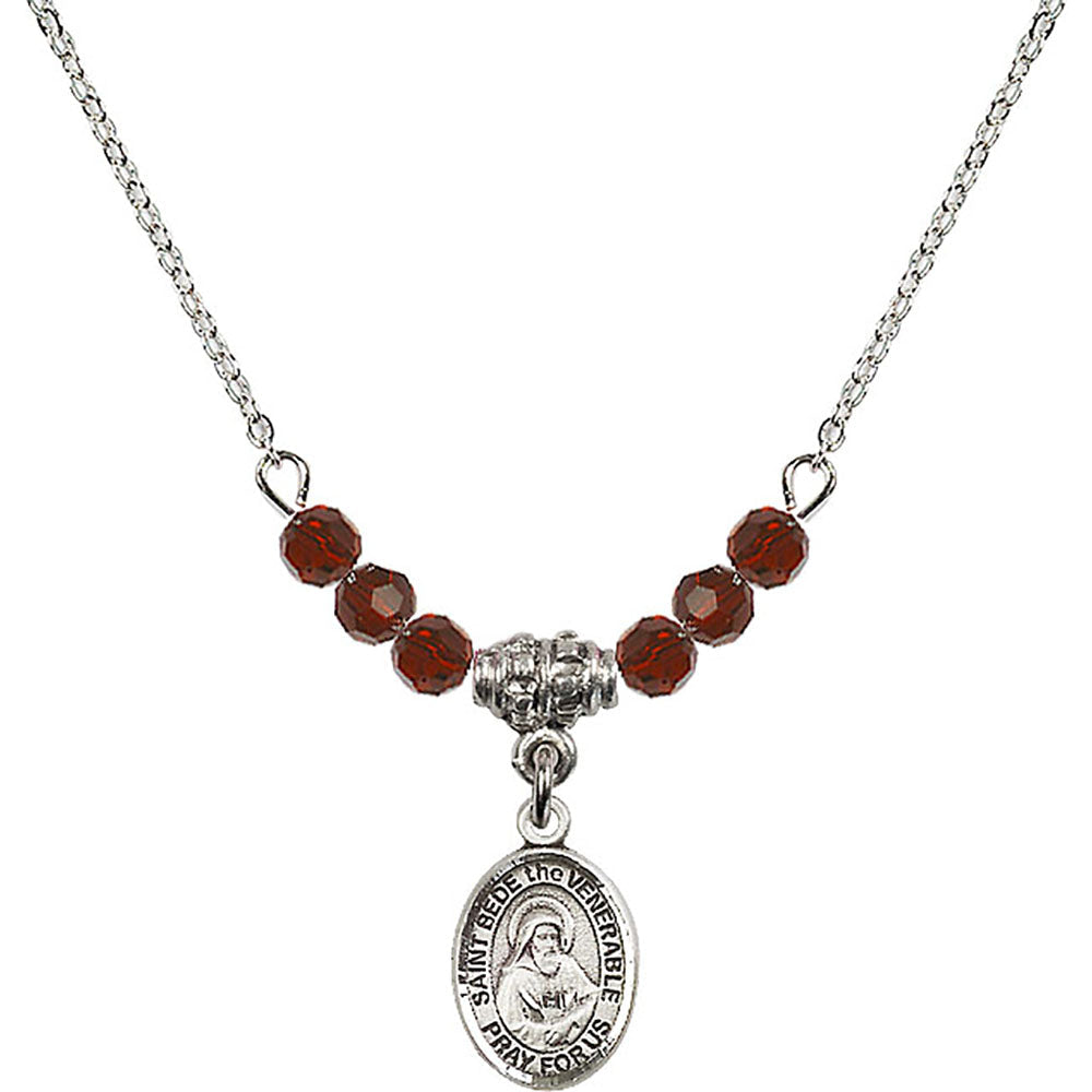 Sterling Silver Saint Bede the Venerable Birthstone Necklace with Garnet Beads - 9302