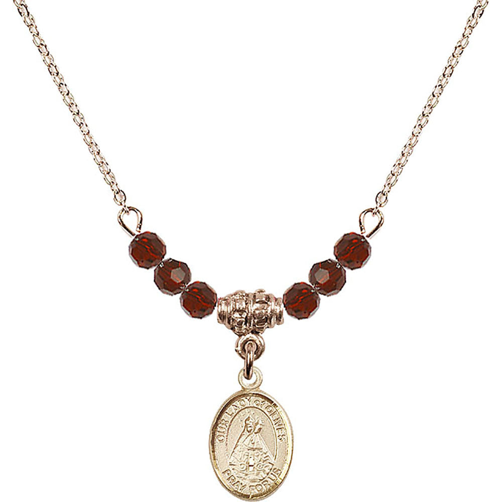 14kt Gold Filled Our Lady of Olives Birthstone Necklace with Garnet Beads - 9303