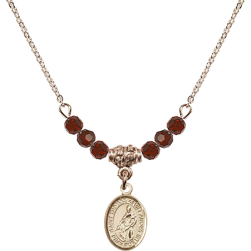 14kt Gold Filled Saint Thomas of Villanova Birthstone Necklace with Garnet Beads - 9304
