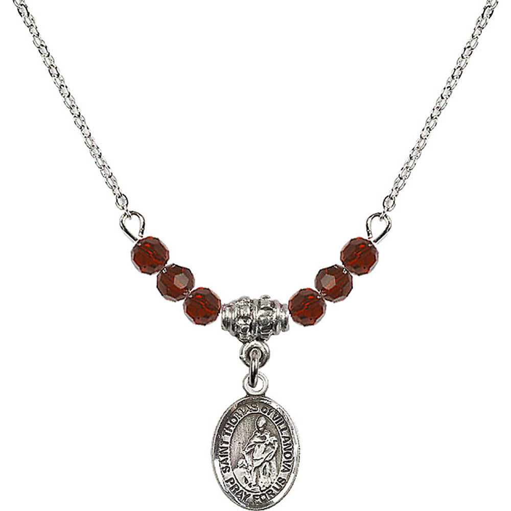 Sterling Silver Saint Thomas of Villanova Birthstone Necklace with Garnet Beads - 9304