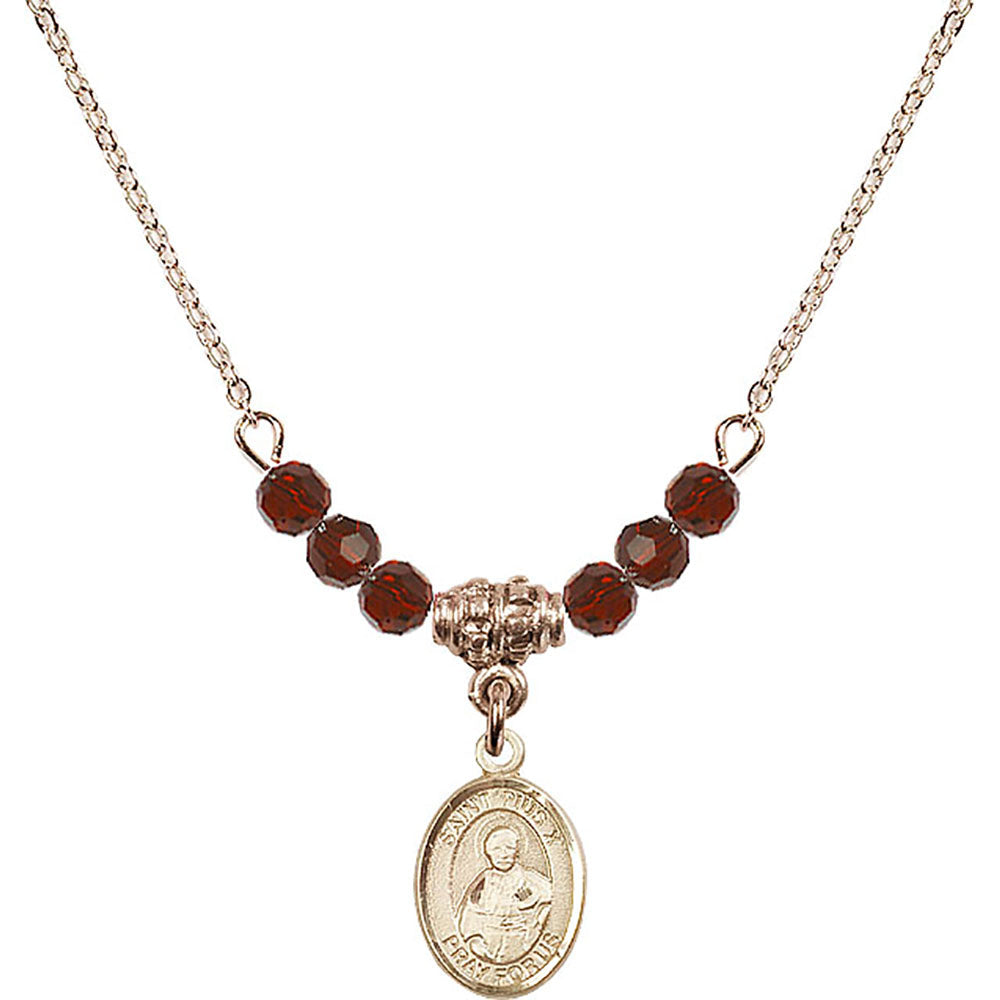 14kt Gold Filled Saint Pius X Birthstone Necklace with Garnet Beads - 9305