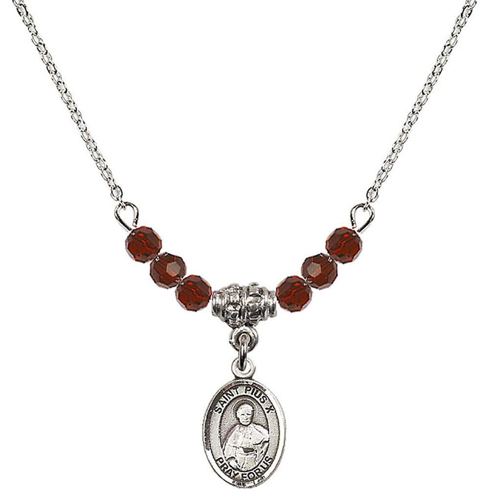 Sterling Silver Saint Pius X Birthstone Necklace with Garnet Beads - 9305