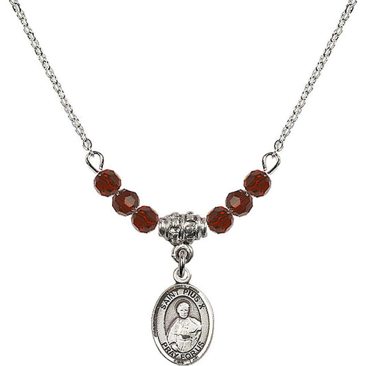 Sterling Silver Saint Pius X Birthstone Necklace with Garnet Beads - 9305