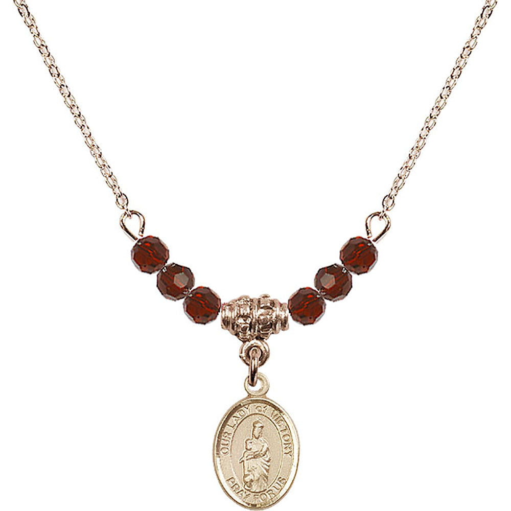 14kt Gold Filled Our Lady of Victory Birthstone Necklace with Garnet Beads - 9306