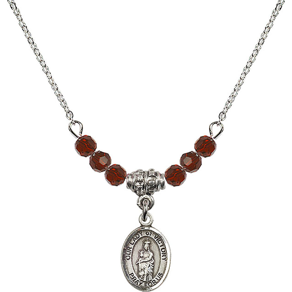 Sterling Silver Our Lady of Victory Birthstone Necklace with Garnet Beads - 9306