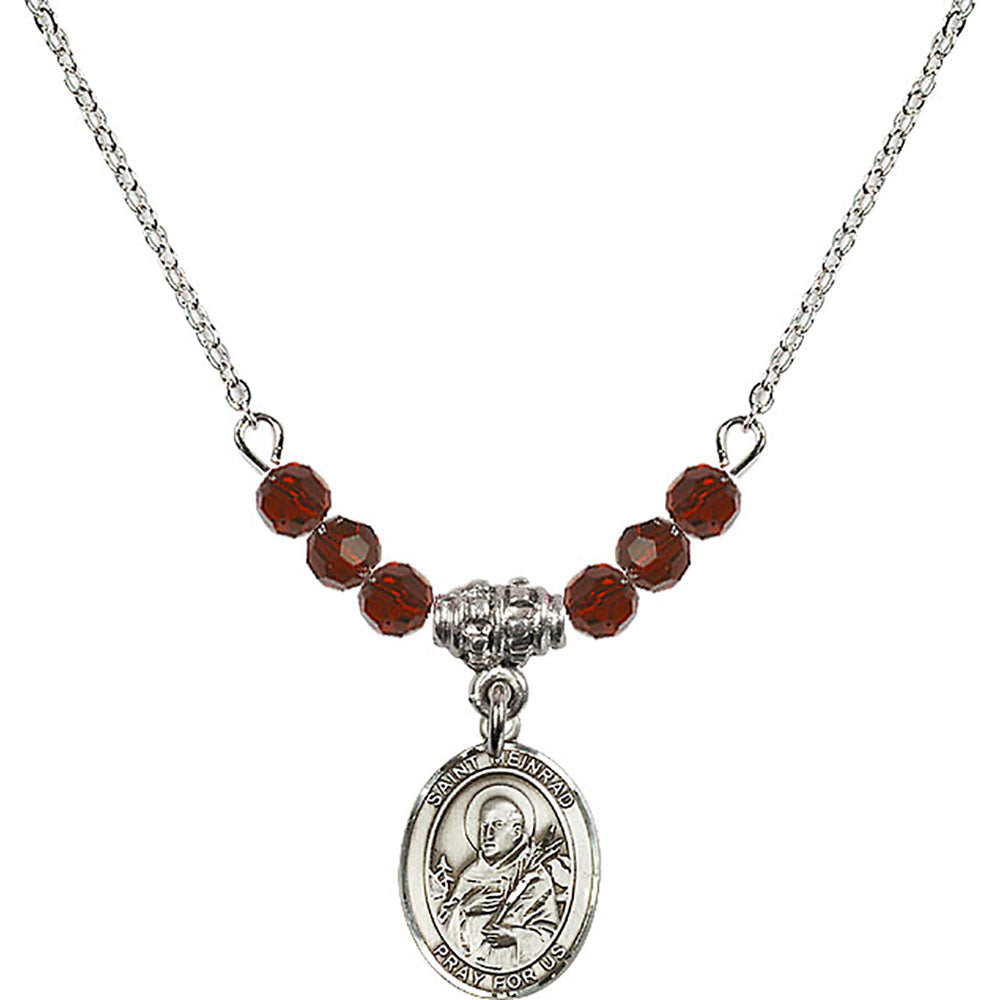 Sterling Silver Saint Meinrad of Einsiedeln Birthstone Necklace with Garnet Beads - 9307