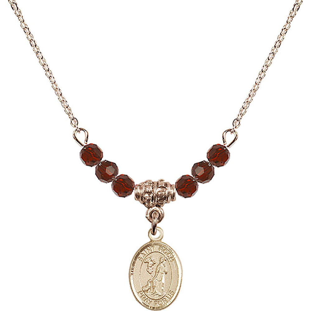 14kt Gold Filled Saint Roch Birthstone Necklace with Garnet Beads - 9310