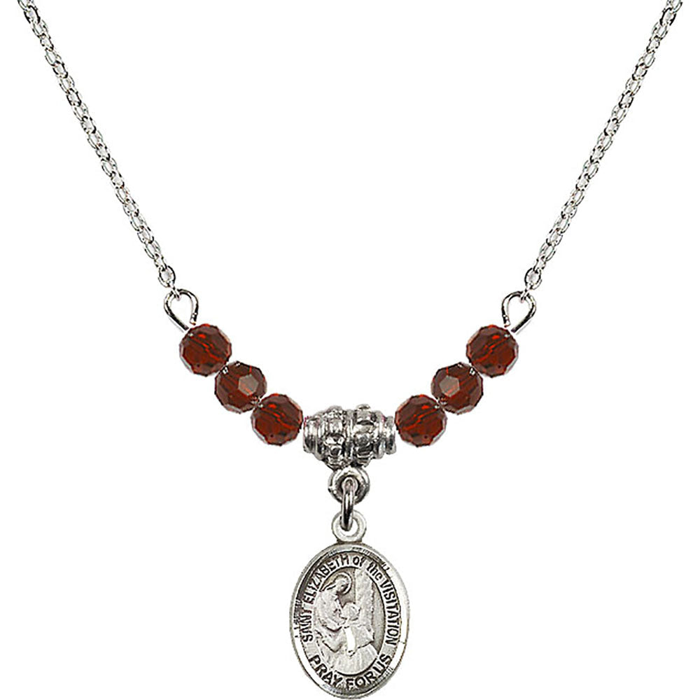 Sterling Silver Saint Elizabeth of the Visitation Birthstone Necklace with Garnet Beads - 9311