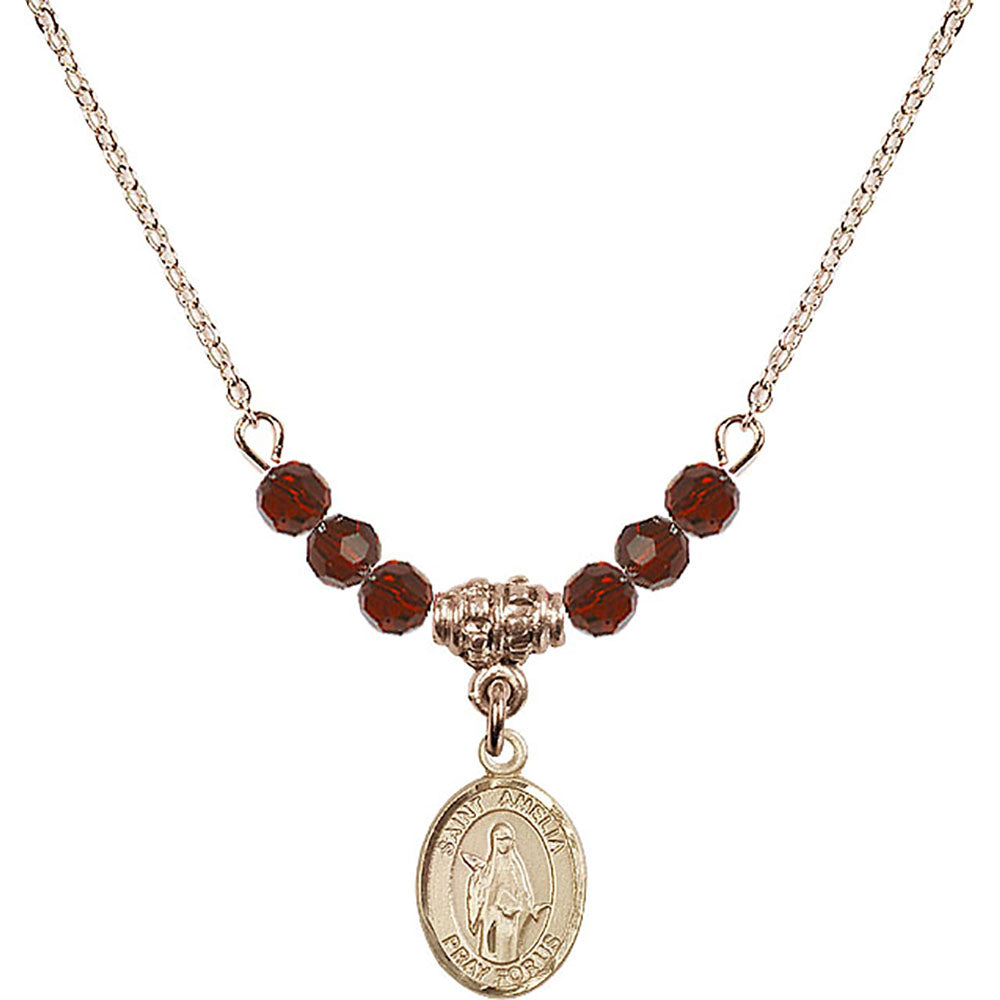 14kt Gold Filled Saint Amelia Birthstone Necklace with Garnet Beads - 9313