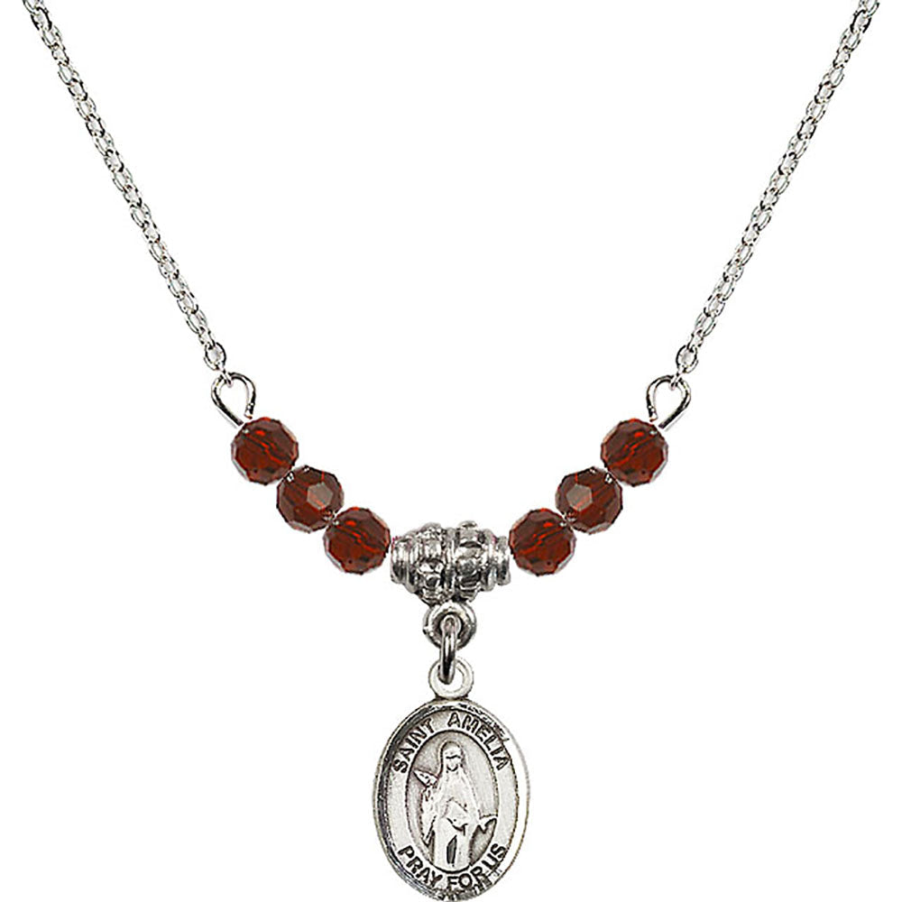 Sterling Silver Saint Amelia Birthstone Necklace with Garnet Beads - 9313