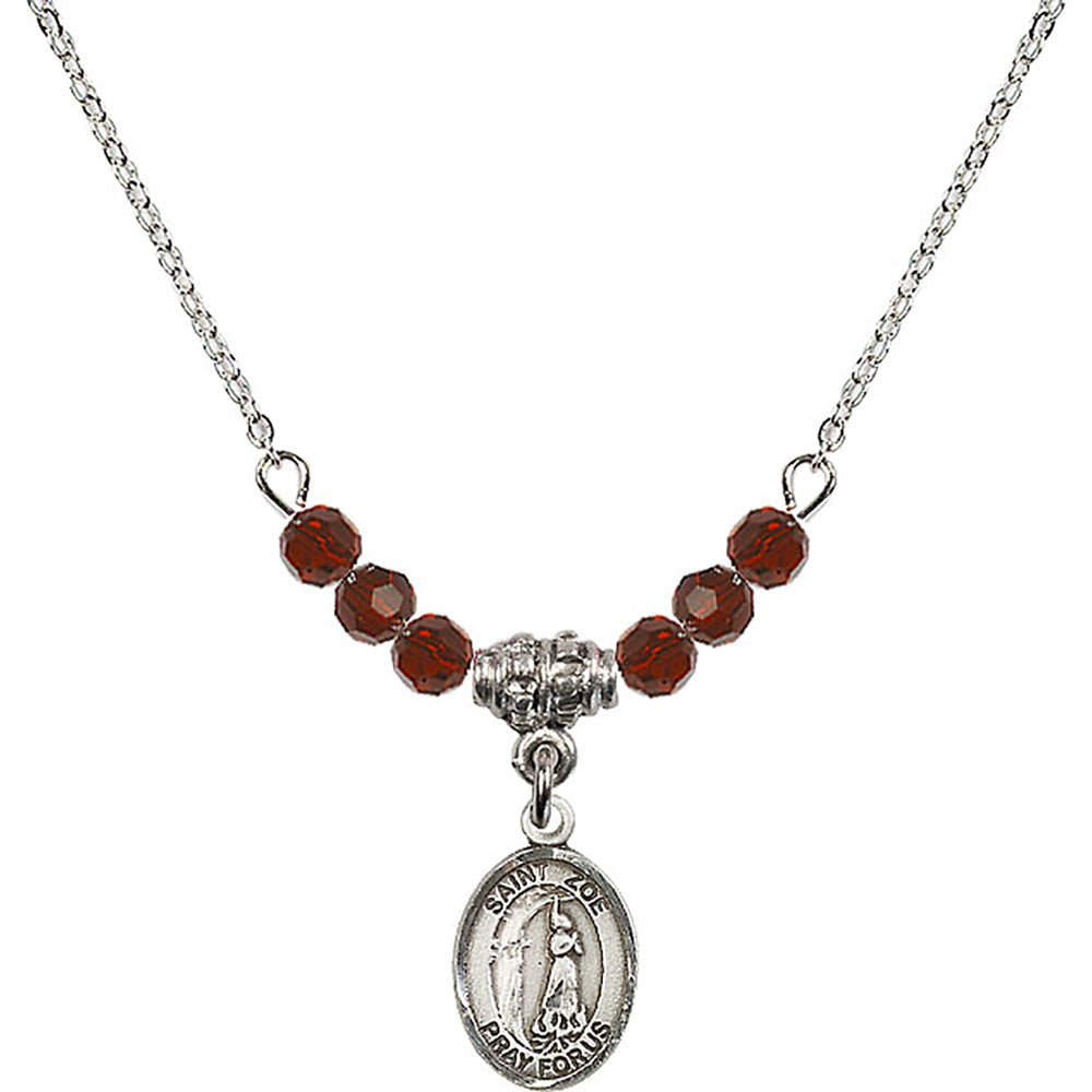 Sterling Silver Saint Zoe of Rome Birthstone Necklace with Garnet Beads - 9314