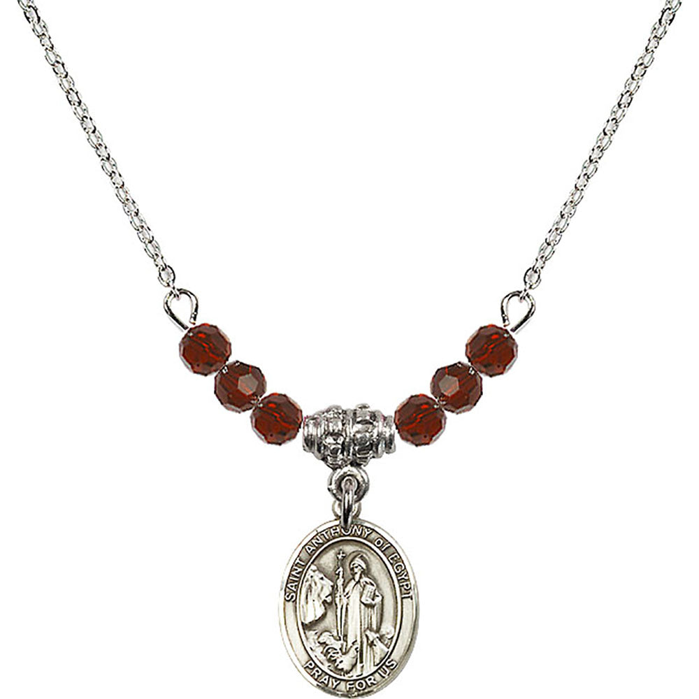 Sterling Silver Saint Anthony of Egypt Birthstone Necklace with Garnet Beads - 9317