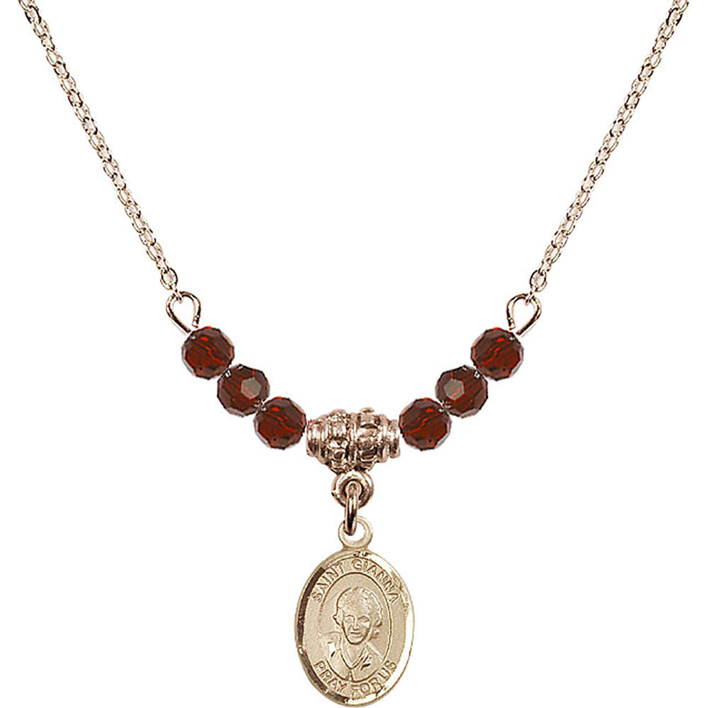 14kt Gold Filled Saint Gianna Beretta Molla Birthstone Necklace with Garnet Beads - 9322