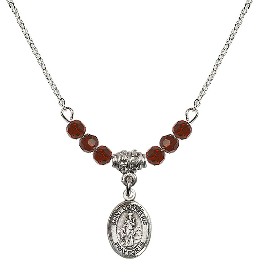 Sterling Silver Saint Cornelius Birthstone Necklace with Garnet Beads - 9325