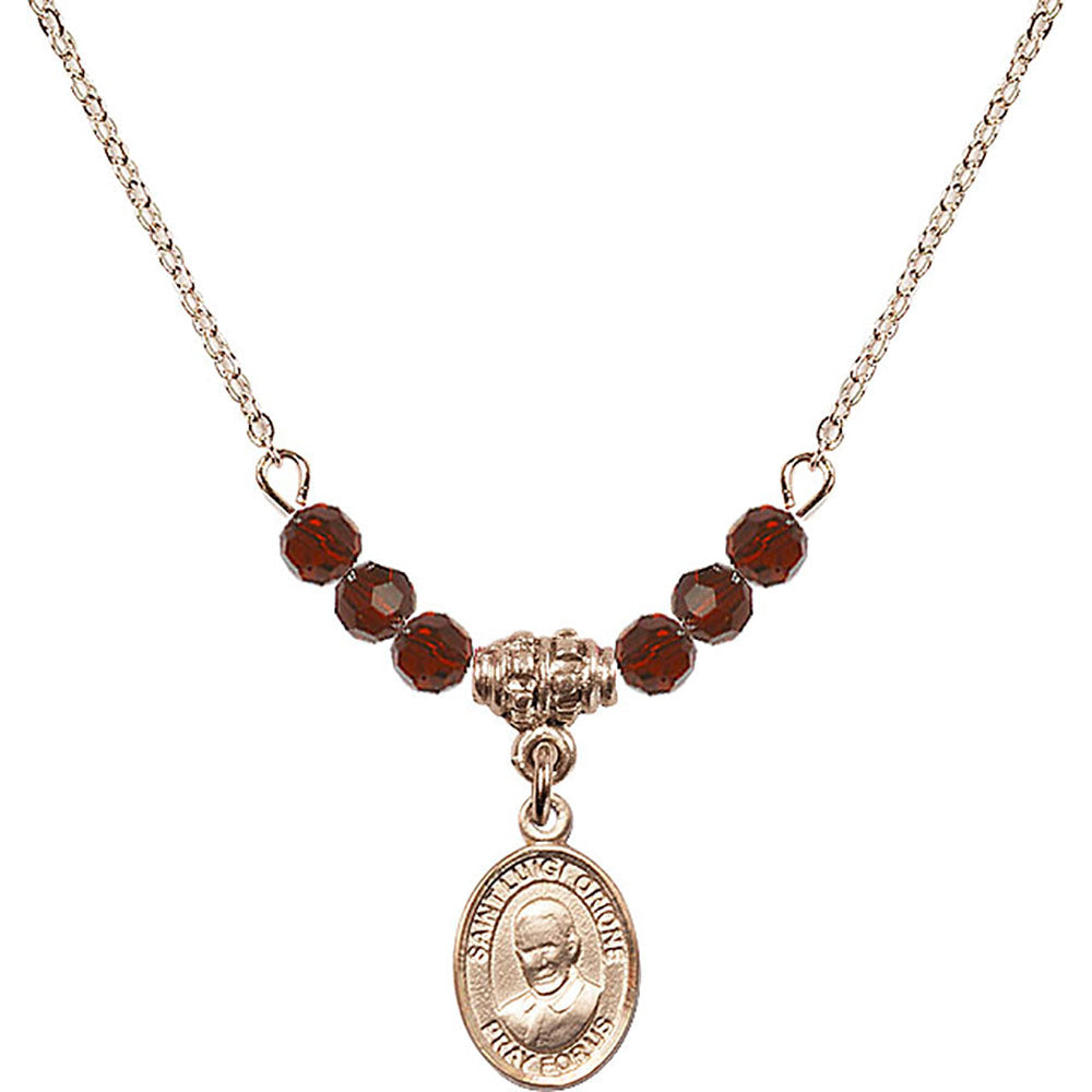 14kt Gold Filled Saint Luigi Orione Birthstone Necklace with Garnet Beads - 9326
