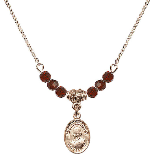 14kt Gold Filled Saint Luigi Orione Birthstone Necklace with Garnet Beads - 9326