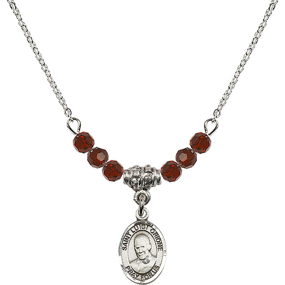 Sterling Silver Saint Luigi Orione Birthstone Necklace with Garnet Beads - 9326