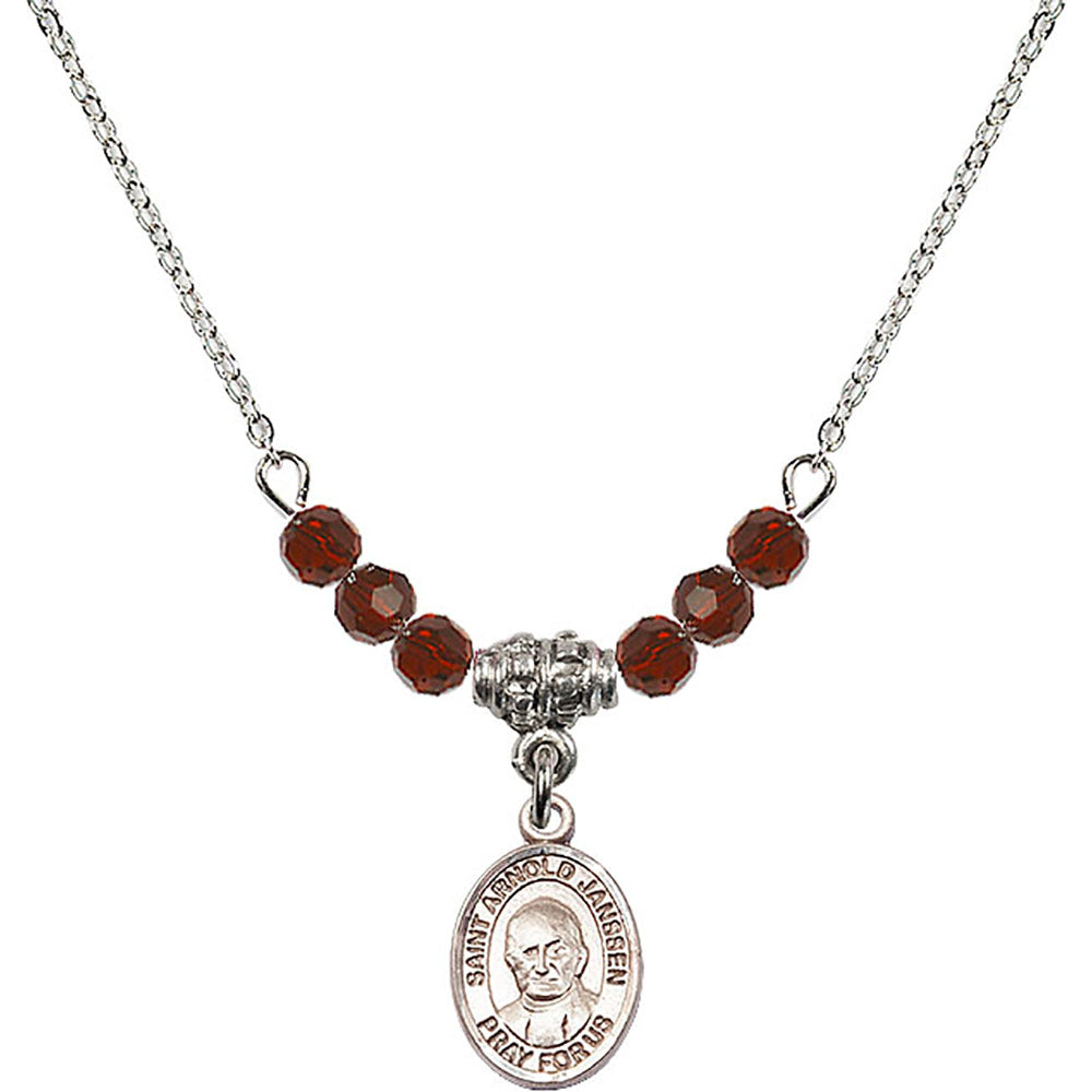 Sterling Silver Saint Arnold Janssen Birthstone Necklace with Garnet Beads - 9328