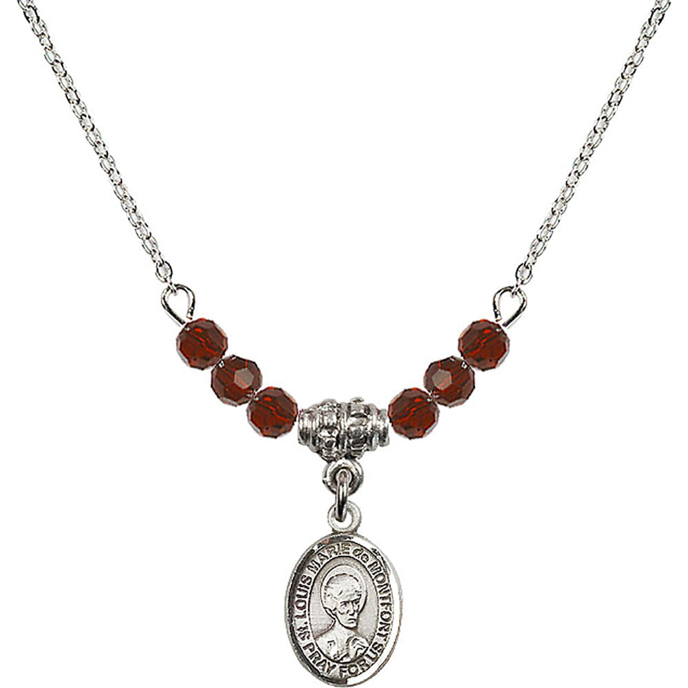 Sterling Silver Saint Louis Marie de Montfort Birthstone Necklace with Garnet Beads - 9330