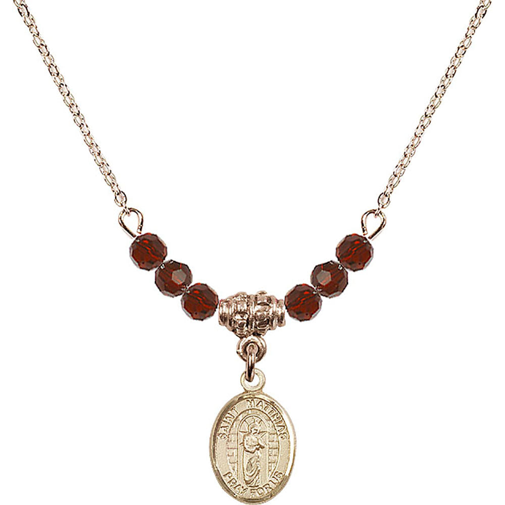 14kt Gold Filled Saint Matthias the Apostle Birthstone Necklace with Garnet Beads - 9331