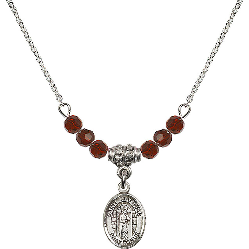 Sterling Silver Saint Matthias the Apostle Birthstone Necklace with Garnet Beads - 9331
