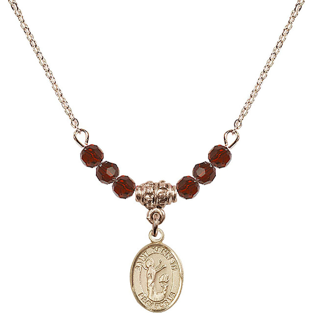 14kt Gold Filled Saint Kenneth Birthstone Necklace with Garnet Beads - 9332