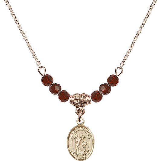 14kt Gold Filled Saint Kenneth Birthstone Necklace with Garnet Beads - 9332