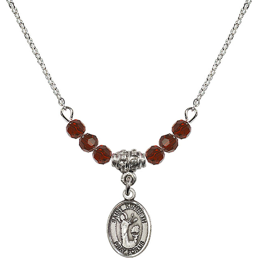 Sterling Silver Saint Kenneth Birthstone Necklace with Garnet Beads - 9332