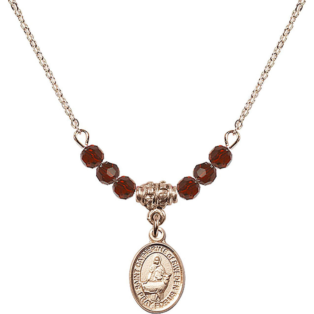 14kt Gold Filled Saint Catherine of Sweden Birthstone Necklace with Garnet Beads - 9336