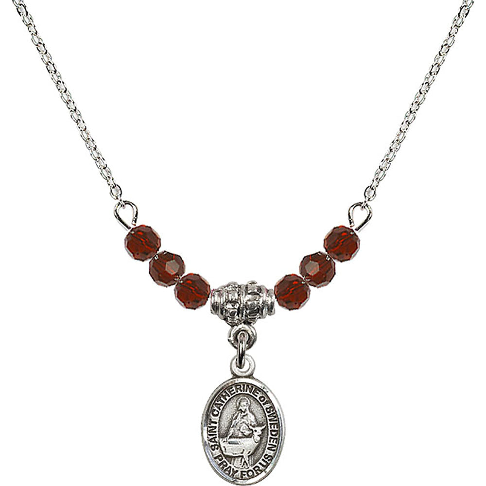 Sterling Silver Saint Catherine of Sweden Birthstone Necklace with Garnet Beads - 9336