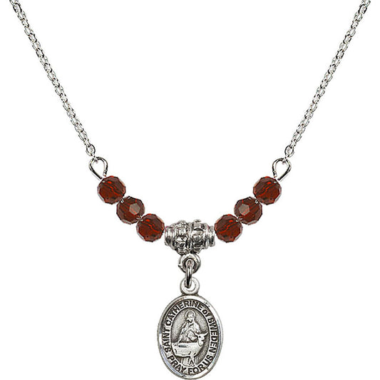 Sterling Silver Saint Catherine of Sweden Birthstone Necklace with Garnet Beads - 9336