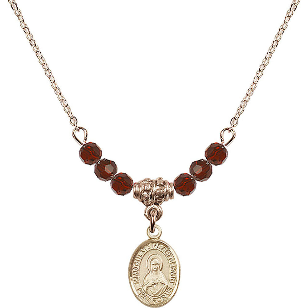 14kt Gold Filled Immaculate Heart of Mary Birthstone Necklace with Garnet Beads - 9337