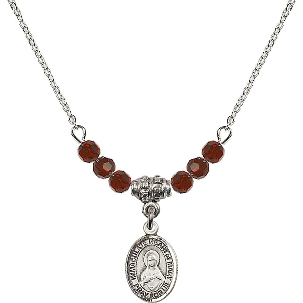 Sterling Silver Immaculate Heart of Mary Birthstone Necklace with Garnet Beads - 9337