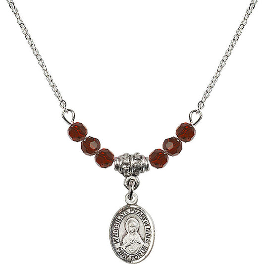 Sterling Silver Immaculate Heart of Mary Birthstone Necklace with Garnet Beads - 9337