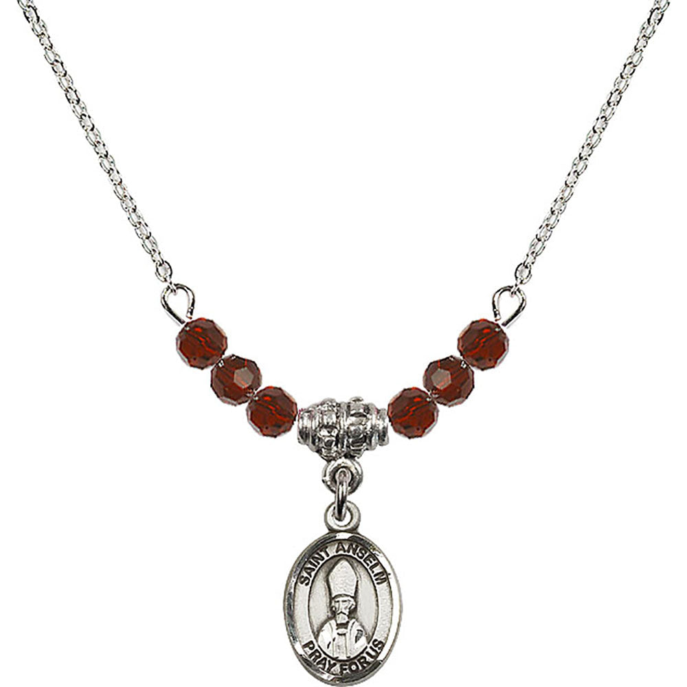 Sterling Silver Saint Anselm of Canterbury Birthstone Necklace with Garnet Beads - 9342